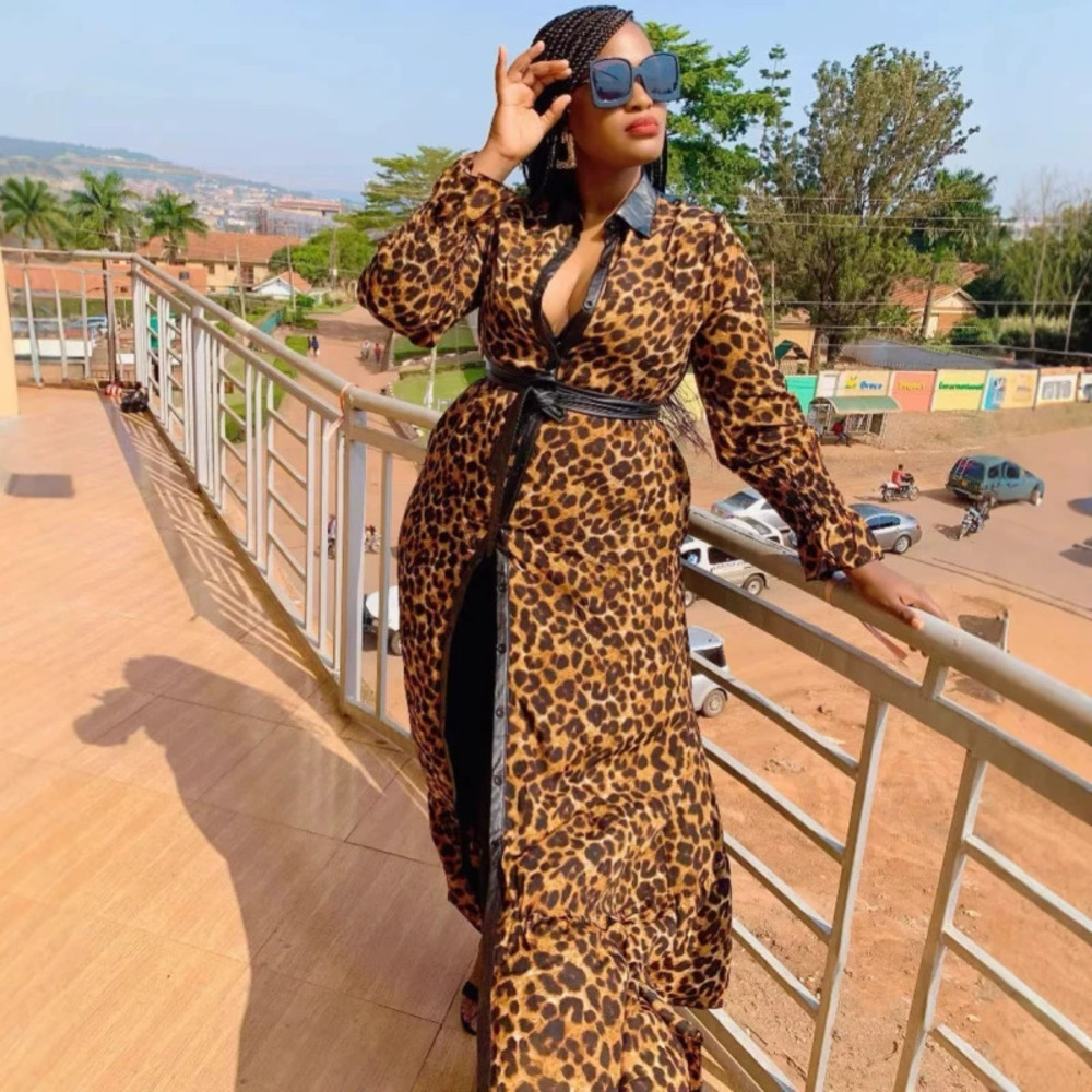 Luxe Sexy Leopard Print Patchwork Contrast Long Sleeve Lapel Dress African Style